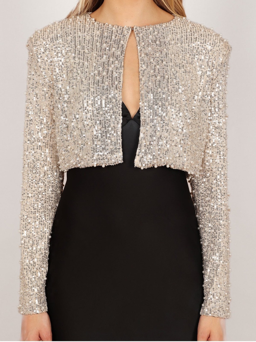 Petal & Pup New Small Champagne Monica Allover Pearl and Sequin Crop Jacket